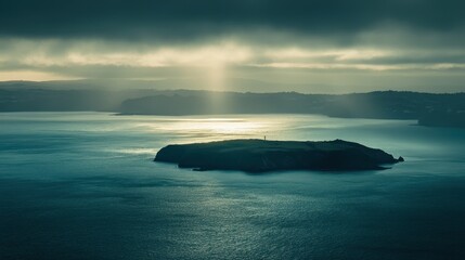 Obraz premium Serene Lonely Island in Endless Blue Ocean Under Scenic Clouds