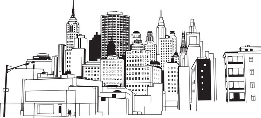 City landscape. Different buildings on street, outline cityscape hand sketch, flat houses. Hand drawn vector illustration