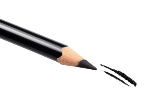 Deep black kohl eyeliner pencil with a sharp tip and beautifully drawn line on a white background