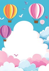 Colorful hot air balloons in sky with clouds; kids' illustration
