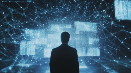 Man observing a digital display surrounded by interconnected data streams in a futuristic setting