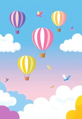 Fototapeta premium Colorful hot air balloons floating in a pastel sky with clouds and birds