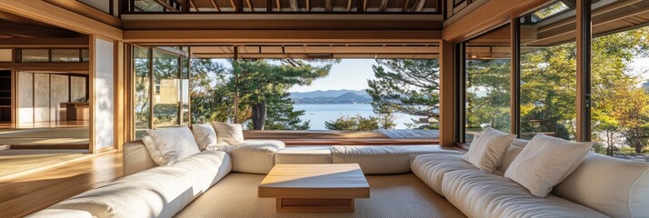 Tranquil Japanese Living Room With Stunning Lake View