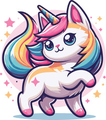 Rainbow Unicorn Kitten: An adorable illustration of a kitten with a rainbow-colored unicorn horn and tail, embodying whimsical charm and fantasy.&nbsp;