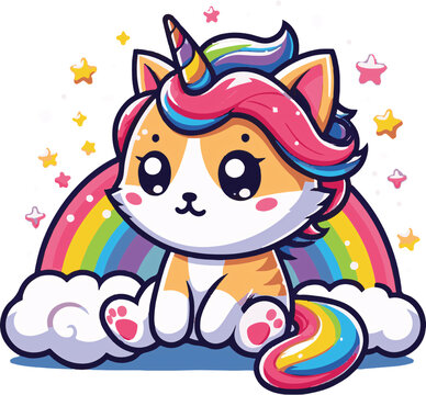 Rainbow Kittycorn: An adorable cartoon kitten with a unicorn horn and rainbow mane sits on a cloud above a rainbow, surrounded by twinkling stars.
