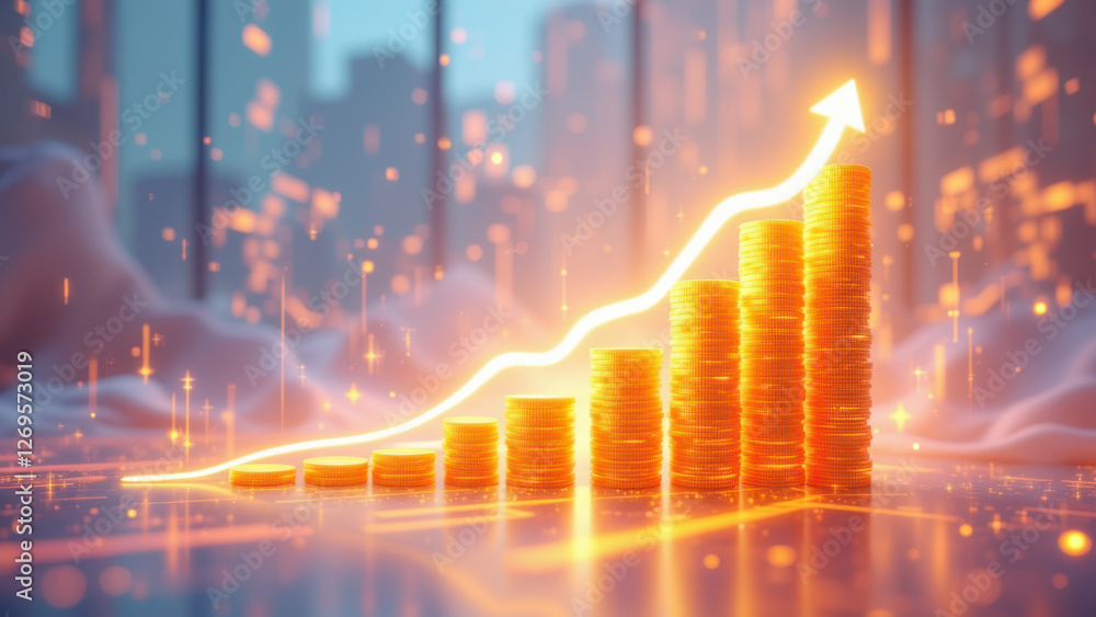 Poster a dynamic digital rendering depicting a large stack of coins rising with a burst of energy and numbe