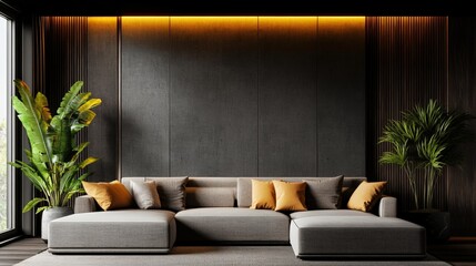 Spacious living room with modern couch decorative plant and elegant office decor in luxury style