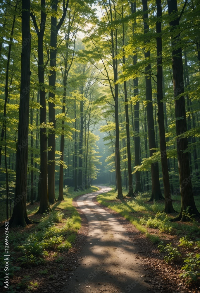 Poster winding walking trail through a serene forest, with tall trees on either side and dappled sunlight f