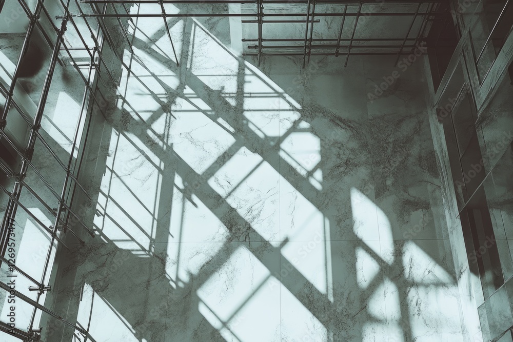 Poster abstract shadows of a metal structure cast on a marble floor, creating a geometric pattern.