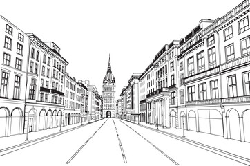 City landscape. Different buildings on street, outline cityscape hand sketch, flat houses. Hand drawn vector illustration