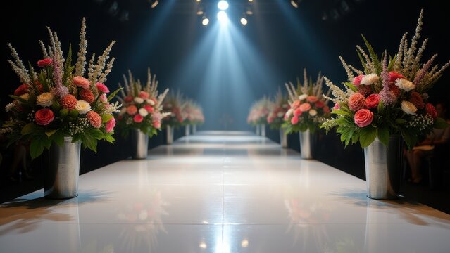 Runway finale, Spotlights illuminate a sleek runway floral decor in metallic vases