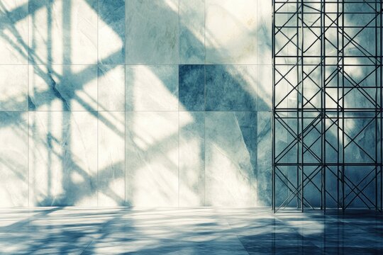 Sunlit minimalist interior with tiled walls, reflective floor, and metal scaffolding.