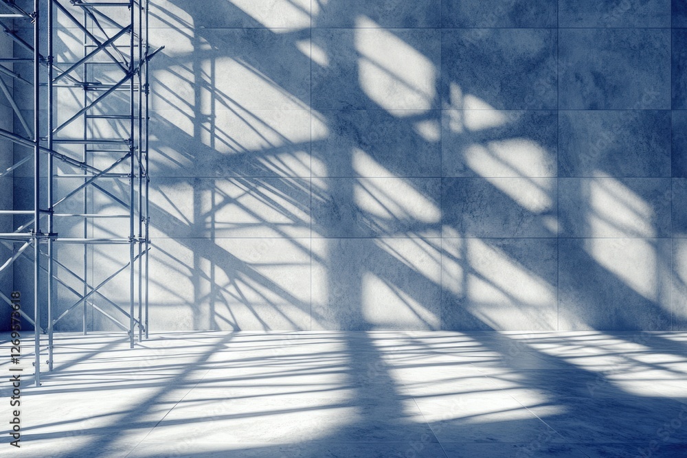 Poster scaffolding casts dramatic shadows on a textured concrete wall, creating a striking architectural sc