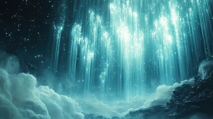 Abstract geometric design with aqua fragments resembling a sparkling waterfall in a dreamlike atmosphere