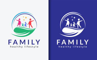 Happy Colorful Family Combined with Green Leaf Logo Symbol Design. Representing Love, Care and Healthy Family Lifestyle,