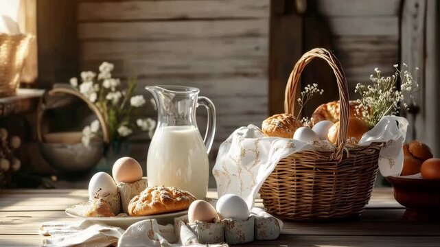 Bread and milk rustical background. Cheese and bakery.