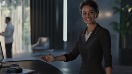 Friendly concierge welcoming guests at a modern hotel lobby during daytime
