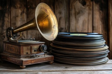 Antique gramophone with large horn speaker and stack of vintage vinyl records on wooden surface.