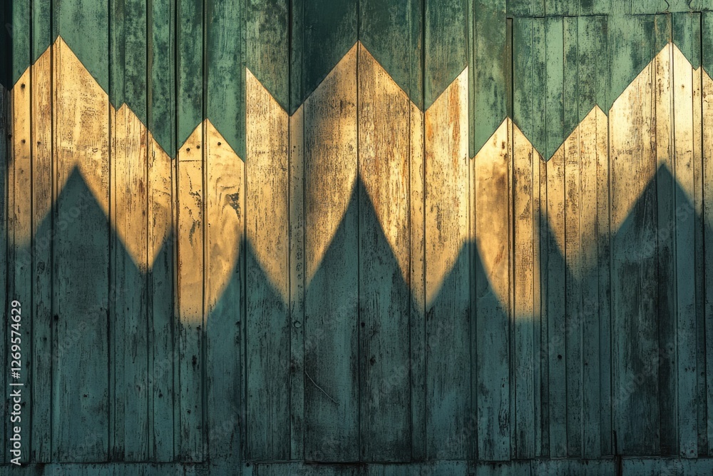 Aufkleber wooden wall with geometric pattern and sunlight creating triangular shadows.