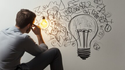 Creative brainstorming session with light bulb illustration on wall in a modern workspace