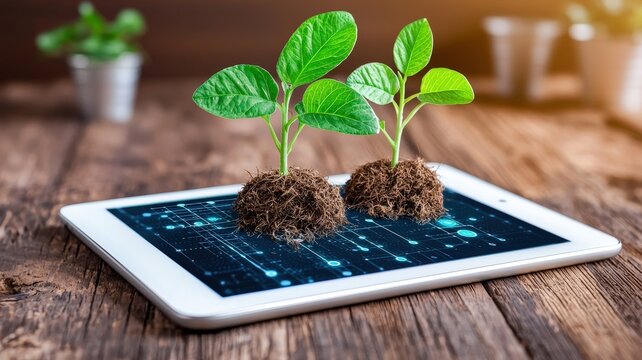 A tablet displays digital data with two small green plants growing from it, symbolizing the fusion of technology and nature.