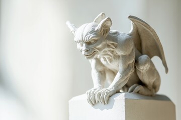 A detailed close-up of a white stone gargoyle statue perched atop a pedestal, showcasing intricate detailing and a menacing expression.