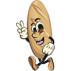 baguette bread cartoon isolated vektor illustration mascot character walking with a peace sign, work of hand drawn