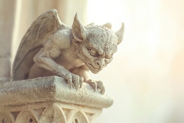 Obraz premium Stone gargoyle statue perched on a building, wings slightly visible, intense expression.