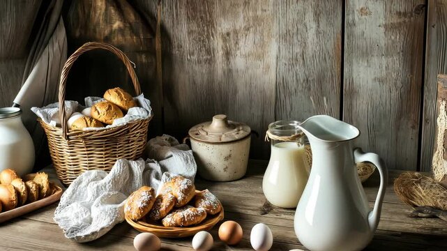 Bread and milk rustical background. Cheese and bakery.