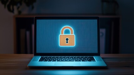 A laptop screen displays a glowing padlock symbol, representing cybersecurity and data protection in a darkened environment.