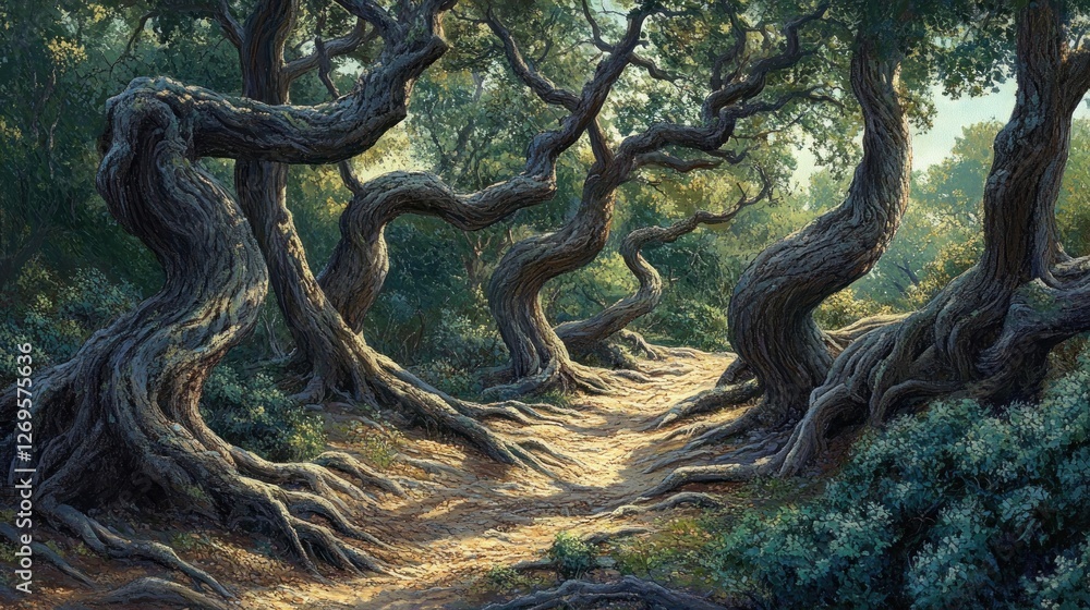 Poster enchanted forest path featuring gnarled trees and exposed roots