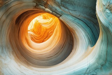 Obraz premium A mesmerizing view of swirling sandstone formations in a cave, illuminated by natural light, showcasing intricate geological patterns and warm, earthy tones.