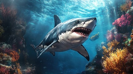 Fototapeta premium A realistic depiction of a shark swimming through a vibrant coral reef underwater.