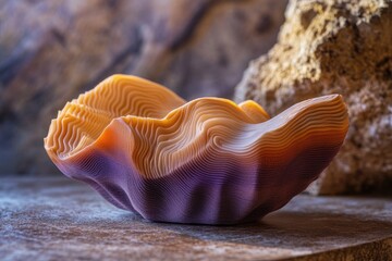 Intricate layered sculpture resembling a seashell, showcasing warm orange and purple hues.