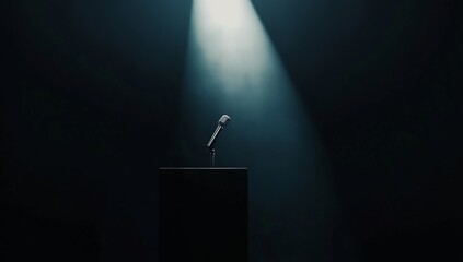 Empty podium microphone spotlight dark stage