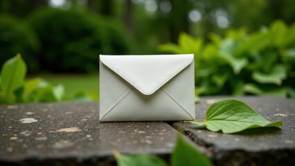 Acceptance envelope, Garden background envelope on stone bench leaf photorealism.