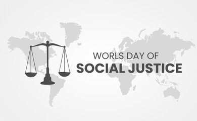 Minimalist vector design featuring a balance scale, symbolizing justice and equality, with the text “Worlds Day of Social Justice.” The monochrome color scheme gives a professional and universal appea