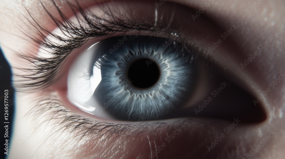 Poster close-up view of a human eye displaying intricate details and striking colors in a muted setting