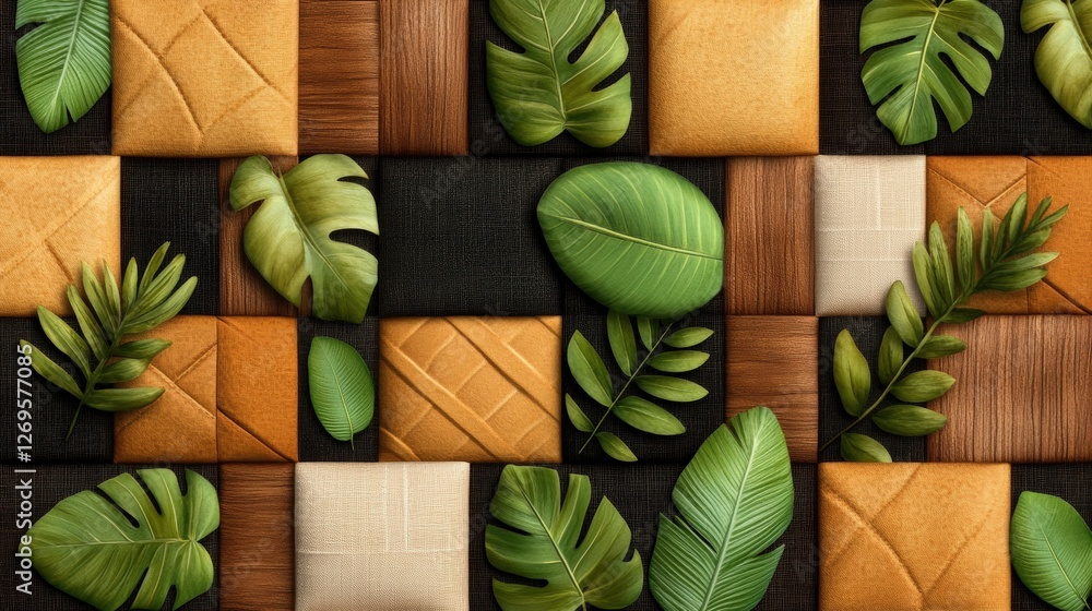 Poster abstract pattern of leaves and boxes on a table with tropical foliage design in a modern layout