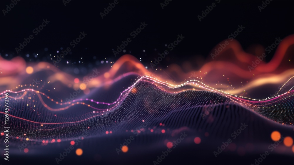 Poster colorful abstract wave pattern displaying dynamic movement and energy in a digital landscape at nigh