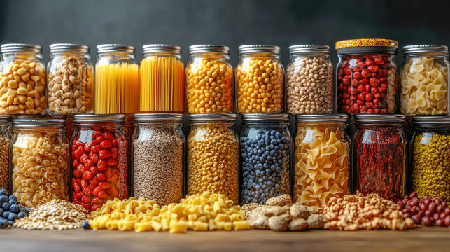 Assorted grains, pasta, and legumes stored in glass jars on a rustic wooden table