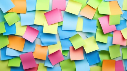 Colorful sticky notes arranged in a random pattern on a surface create a vibrant and dynamic workspace atmosphere