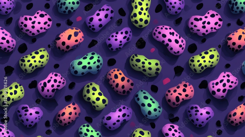 Poster colorful dice on purple background with neon green leopard print pattern design