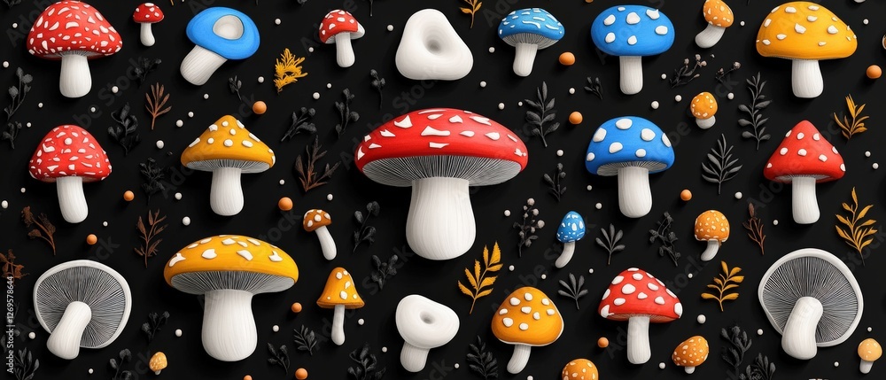 Poster bunch of mushrooms on black background with psychedelic seamless pattern design for backgrounds and 