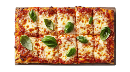 Roman Pizza: A rustic rectangular pizza, generously topped with melted mozzarella cheese, vibrant tomato sauce, and fresh basil leaves, is presented on a wooden board. It's cut into squares.