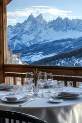 Fototapeta premium Mountain view from restaurant table setting.
