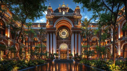 Fototapeta premium Grand hotel entrance, lush garden, night scene, architectural design, travel