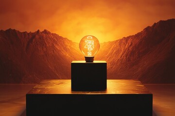 Illuminated bulb on pedestal, mountain sunset backdrop