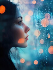 Woman watching rain from window