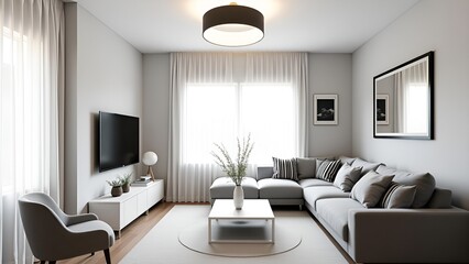 Fototapeta premium Elegant and cozy modern living room featuring a gray L-shaped sofa, white coffee table, light gray rug, minimalist decor, ambient lighting, flat-screen TV, framed artwork, black-framed mirror, sheer c